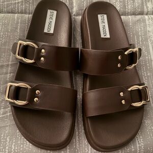 Steve Madden Brown Double-Band Buckle Slide Sandals